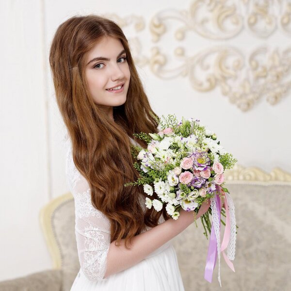 Bright pink spray rose mix, 50 cm - 9, Purple Lisianthus (Eustoma) - 7, Santini White Spray Chrysanthemum - 7, Green bell (1 pc.), Ribbon