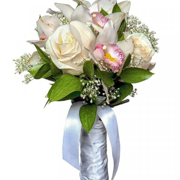 Gypsophila - 2, White rose 50 cm - 9, White Cymbidium Orchid Bud - 7, Ruscus, Ribbon, Flask for orchids