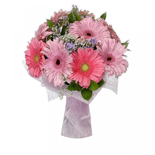 Gerbera pink - 17, Gypsophila - 2, Ruscus, Blue Statice, Felt, Ribbon
