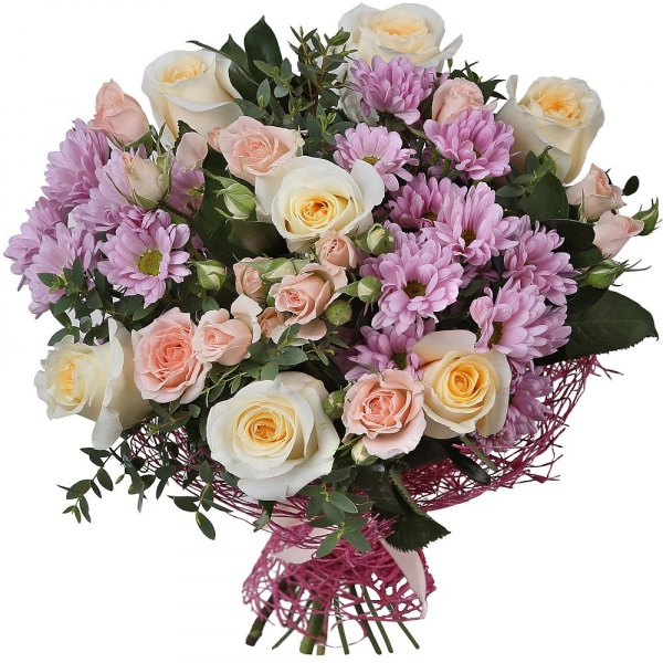 Rose Cream 50 cm - 11, Spray rose: white, cream, light pink 50 cm - 5, Bacardi Pink Spray Chrysanthemum - 4, Pistachio, Wrapping Paper