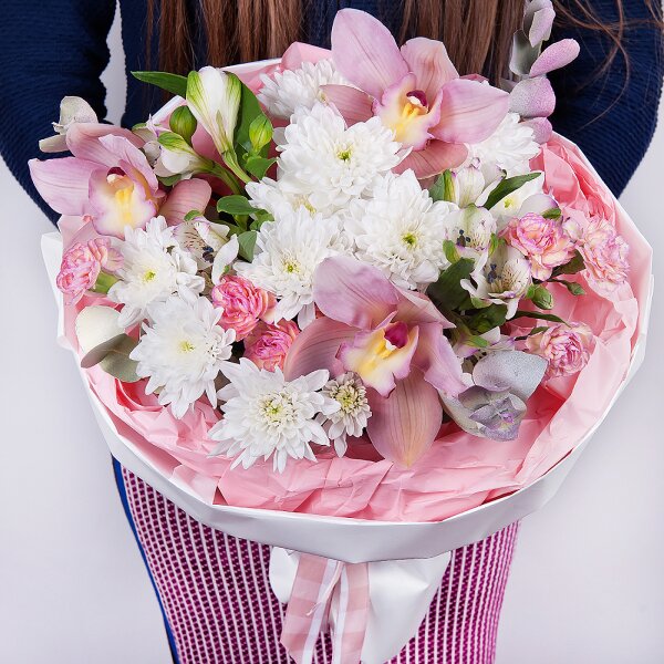Pink Cymbidium Orchid Bud - 3, Pink spray carnation - 3, Alstromeria white, soft pink - 4, Baltica White Spray Chrysanthemum - 3, Flask for orchids, Eucalyptus Cinerea, Wrapping Paper