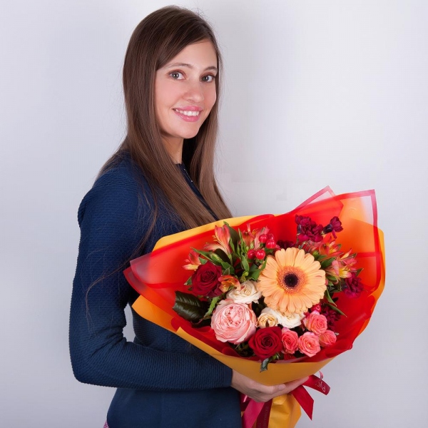 Gerbera daisies - 1, Spray rose: white, cream, light pink 50 cm - 1, Peony rose Kahala 50 cm - 1, Red rose 50 cm - 3, Carnation spray - 2, Alstromeria Yellow, Orange - 3, Bright pink spray rose mix, 50 cm - 2, Hypericum, Wrapping Paper