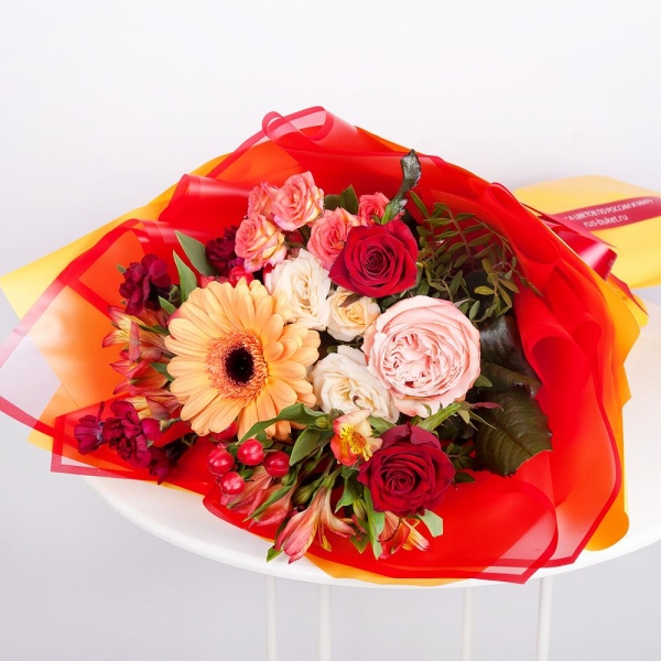 Gerbera daisies - 2, Carnation spray - 3, Spray rose: white, cream, light pink 50 cm - 1, Peony rose Kahala 50 cm - 1, Red rose 50 cm - 3, Alstromeria Yellow, Orange - 4, Bright pink spray rose mix, 50 cm - 2, Hypericum, Wrapping Paper
