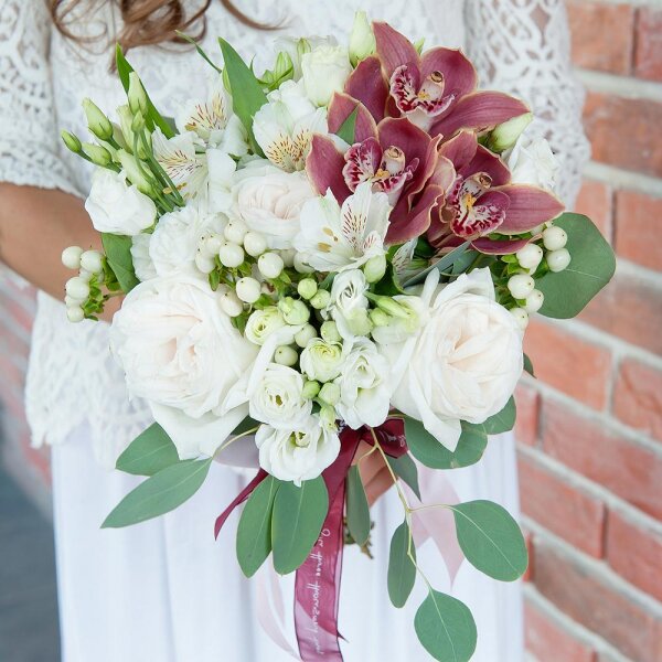 Pink Cymbidium Orchid Bud - 4, Alstromeria white, soft pink - 3, lisianthus - 4, Peony style roses - 3, Flask for orchids, Hypericum, Eucalyptus populus (1 pc.), Ribbon