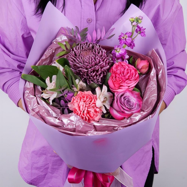 Chrysanthemum Bigoudi purple - 1, Matthiola Lilac - 1, Pink carnation - 1, Deep Purple rose - 4, Spray peony rose  - 1, Alstromeria white, soft pink - 2, Pistachio, Wrapping Paper, Ribbon