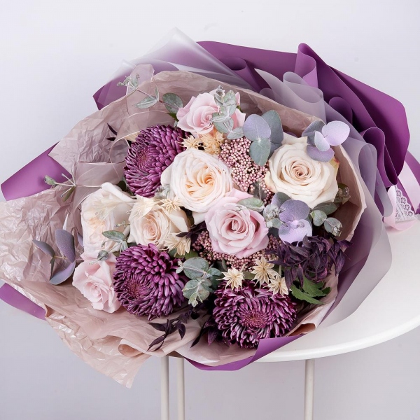 Peony style roses - 2, Rose Powder 50 cm Ecuador (Quicksand, Menta) - 7, Chrysanthemum Bigoudi purple - 4, Ozotamnus, Eucalyptus Cinerea, Dried flowers decor, Wrapping Paper