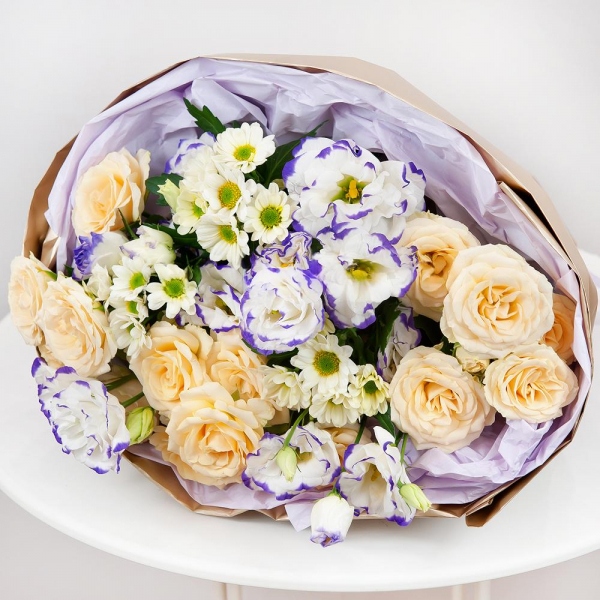 Spray rose: white, cream, light pink 50 cm - 4, Santini White Spray Chrysanthemum - 4, Purple Lisianthus (Eustoma) - 3, Wrapping Paper