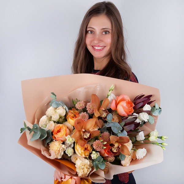Orchid bud yellow/brown Cymbidium - 3, Athos poms Stallion - 3, Spray rose: white, cream, light pink 50 cm - 3, lisianthus - 2, Carnation white, cream - 5, Pink-orange rose Phoenix 50 cm - 7, Flask for orchids, Leukodendron, Eucalyptus Cinerea, Pistachio, Wrapping Paper