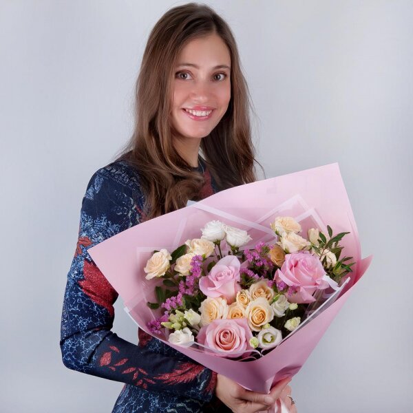 Pink rose 50 cm - 5, Spray rose: white, cream, light pink 50 cm - 3, lisianthus - 3, Pink Statice, Pistachio, Wrapping Paper