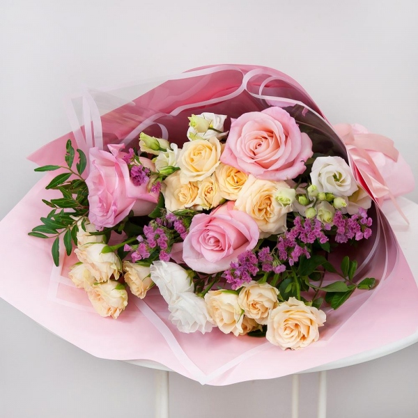 Pink rose 50 cm - 6, Spray rose: white, cream, light pink 50 cm - 4, lisianthus - 3, Pink Statice, Pistachio, Wrapping Paper