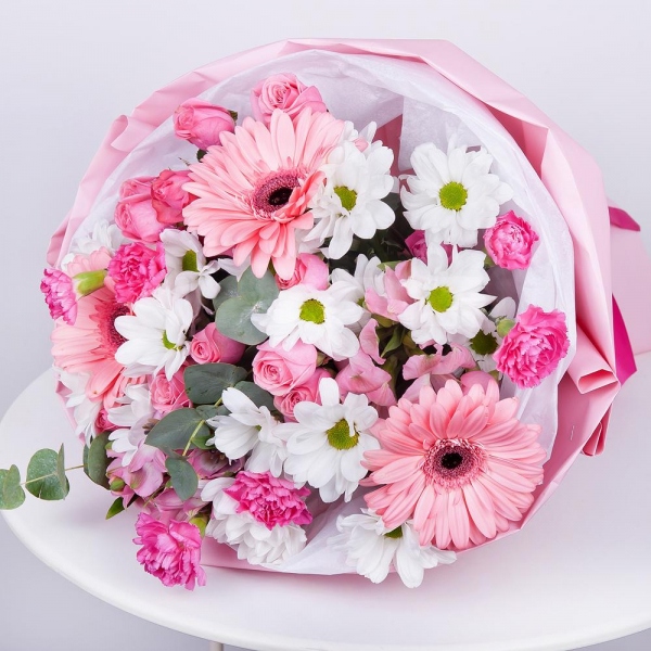 Gerbera pink - 3, Bacardi White Spray Chrysanthemum - 4, Pink spray carnation - 4, Alstromeria white, soft pink - 3, Bright pink spray rose mix, 50 cm - 2, Eucalyptus Cinerea, Wrapping Paper