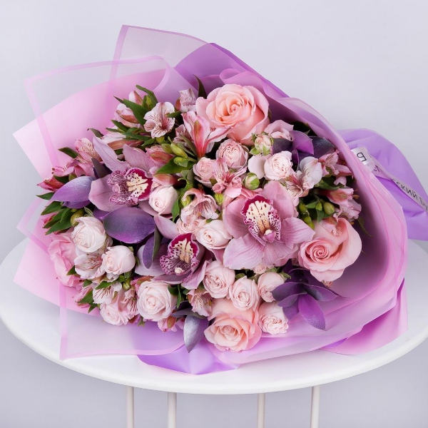 White Cymbidium Orchid Bud - 3, Alstromeria white, soft pink - 7, Pink rose 50 cm - 6, Spray rose: white, cream, light pink 50 cm - 4, Flask for orchids, Ruscus, Wrapping Paper