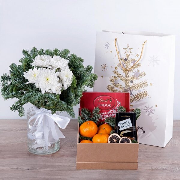 Baltica White Spray Chrysanthemum - 1, Composition Box, Spruce branches (1pc.), Tangerine, 1 pc., Instant coffee, Lindt Candy Box, Ribbon, Present bag, Decorative element small