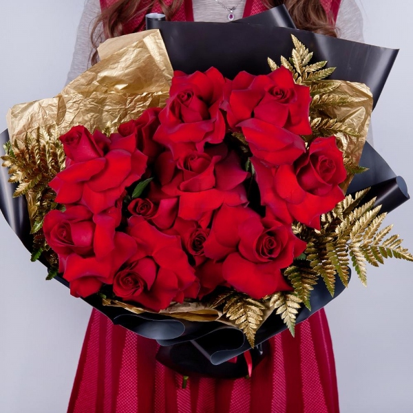 Rose Red 50 cm Ecuador - 13, Fern (1 pc.), Wrapping Paper