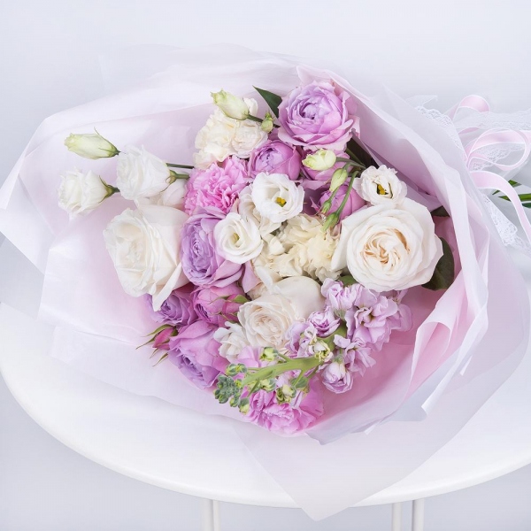 Carnation white, cream - 4, Spray peony rose Misty Bubbles, 50 cm - 3, White rose 50 cm - 5, lisianthus - 4, Matthiola Lilac - 2, Pink carnation - 4, Wrapping Paper