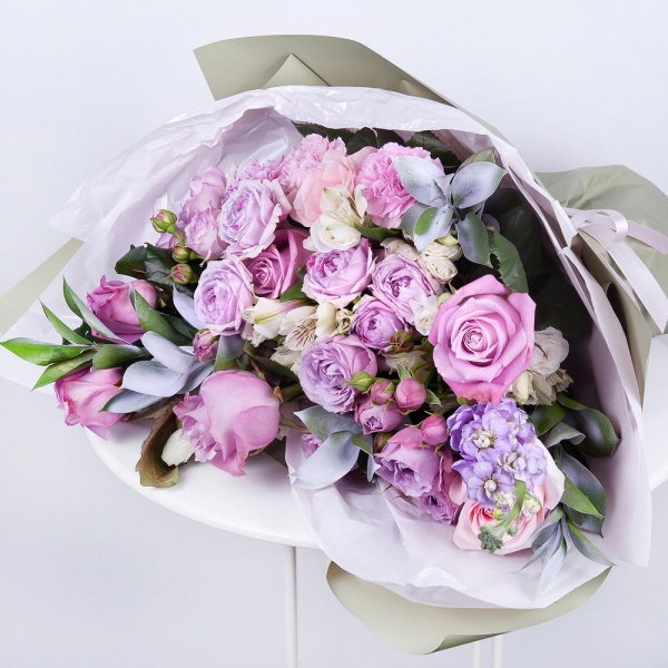 Pink rose 50 cm - 12, Spray peony rose Lavander, 50 cm - 4, Alstromeria white, soft pink - 4, Matthiola Lilac - 2, Pink carnation - 7, Ruscus, Wrapping Paper