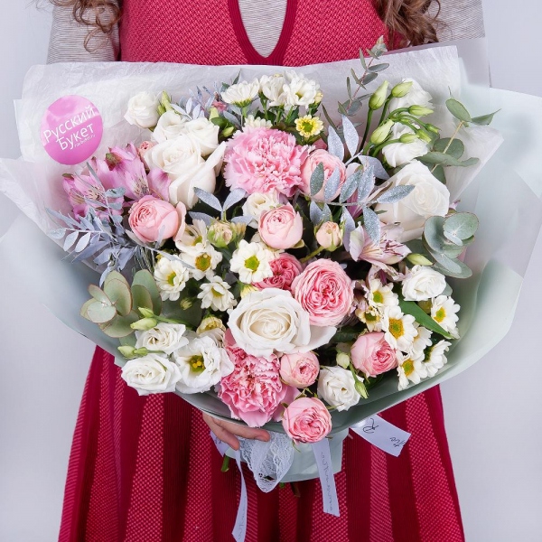 Santini White Spray Chrysanthemum - 4, Alstromeria white, soft pink - 3, Pink carnation - 3, White rose 50 cm - 5, Peony sprayrose - 4, lisianthus - 4, Pistachio, Eucalyptus Cinerea, Wrapping Paper