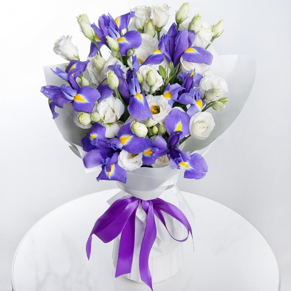 Irises - 9, lisianthus - 5, Felt, Ribbon