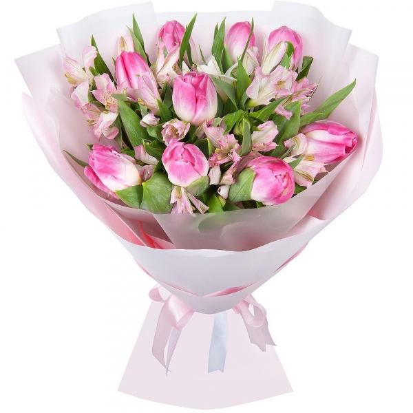 Alstromeria white, soft pink - 7, Pink tulip - 12, Wrapping Paper, Ribbon