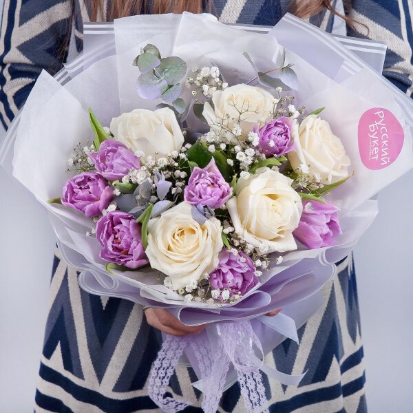 White rose 50 cm - 7, Lilac tulip - 9, Gypsophila - 1, Eucalyptus Cinerea, Wrapping Paper