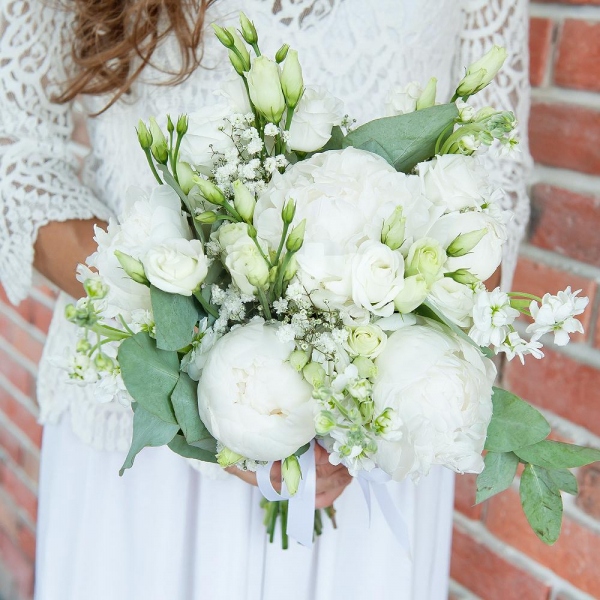Peony white - 5, lisianthus - 3, White Matthiola - 5, Gypsophila - 2, Eucalyptus Cinerea, Ribbon