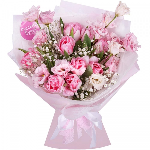 Pink Lisianthus (Eustoma) - 4, Gypsophila - 2, Pink tulip - 15, Wrapping Paper