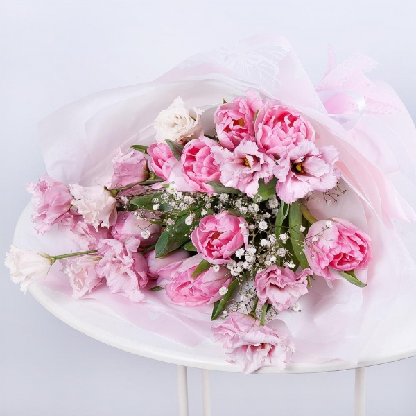 Pink Lisianthus (Eustoma) - 4, Gypsophila - 2, Pink tulip - 15, Wrapping Paper