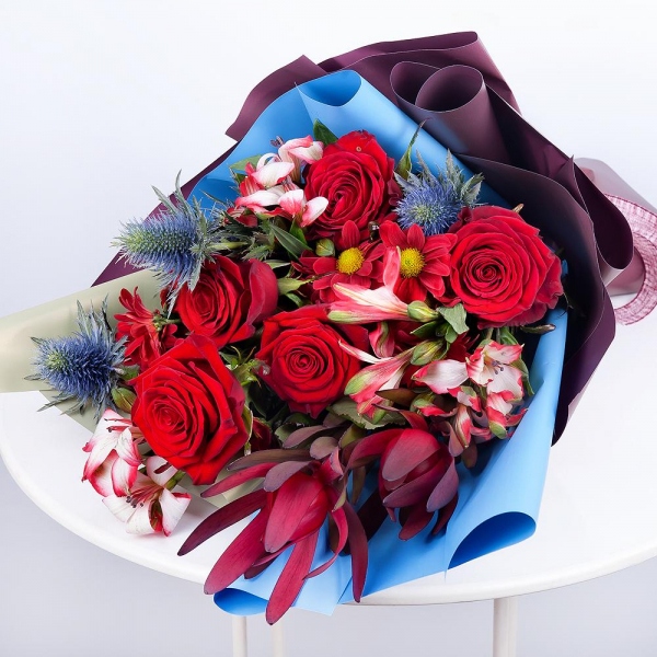 Alstromeria Red, Bright Pink - 4, Red rose 50 cm - 9, Bacardi Red Spray Chrysanthemum - 3, Leukodendron, Eryngium, Wrapping Paper, Ribbon