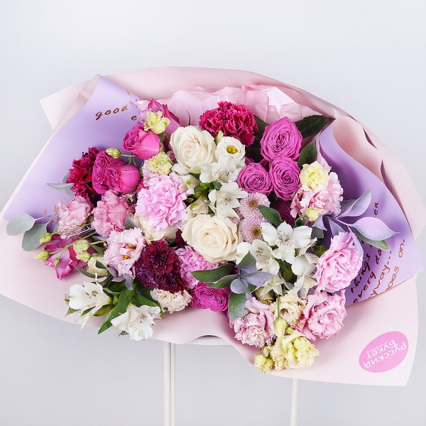White rose 50 cm - 5, Deep Purple rose - 4, Alstromeria white, soft pink - 4, Pink Lisianthus (Eustoma) - 4, Pink carnation - 8, Daisy poms Santini pink, purple - 2, Bright pink spray rose mix, 50 cm - 4, Ruscus, Eucalyptus populus (1 pc.), Wrapping Paper