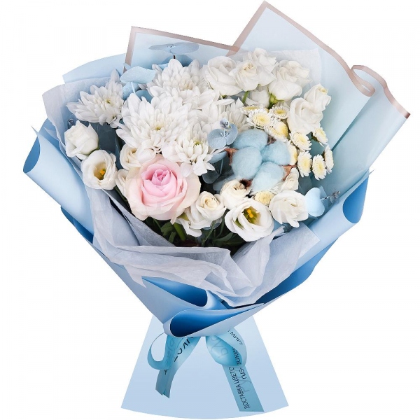 Baltica White Spray Chrysanthemum - 1, Athos poms Stallion - 2, lisianthus - 2, Pink rose 50 cm - 1, Eucalyptus Cinerea, Cotton bud, Wrapping Paper, Ribbon