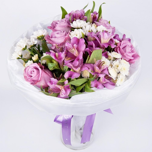 Pink rose 50 cm - 5, Alstromeria lilac, purple - 4, Santini White Spray Chrysanthemum - 3, Athos poms Stallion - 2, Wrapping Paper, Ribbon