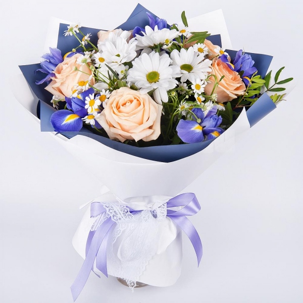 Irises - 8, Rose Cream 50 cm - 7, Bacardi White Spray Chrysanthemum - 2, Gypsophila - 2, Pistachio, Wrapping Paper