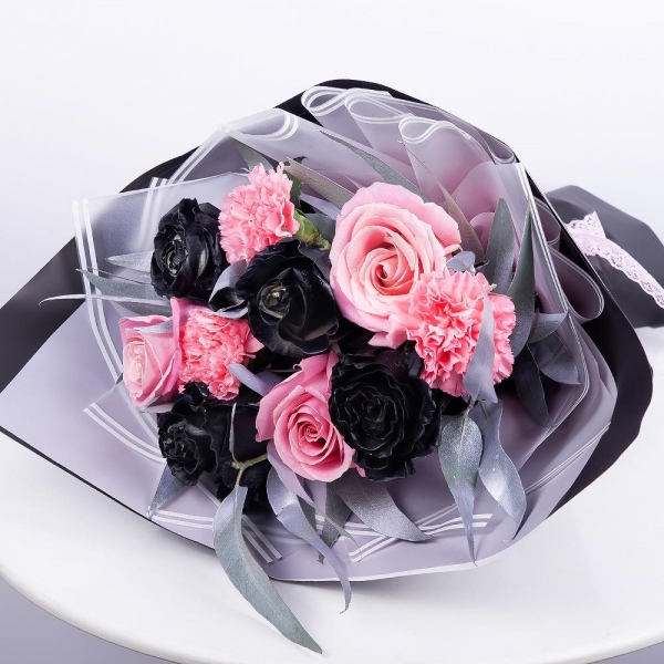 Rose black - 5, Pink rose 50 cm - 4, Pink carnation - 7, Eucalyptus, Wrapping Paper