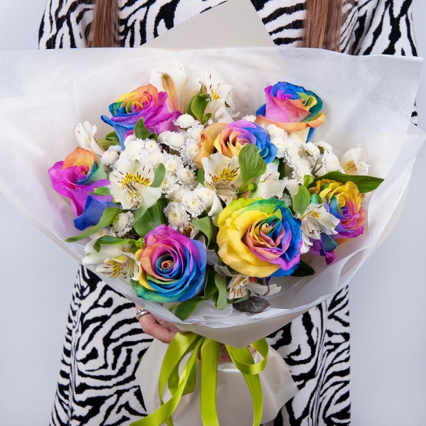 Rainbow rose - 7, Alstromeria white, soft pink - 9, Athos poms Stallion - 7, Wrapping Paper, Ribbon