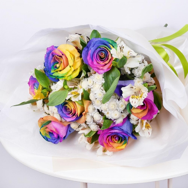 Rainbow rose - 7, Alstromeria white, soft pink - 9, Athos poms Stallion - 7, Wrapping Paper, Ribbon