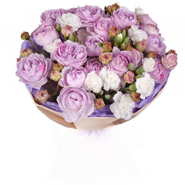 Peony sprayrose - 7, Alstromeria white, soft pink - 8, Wrapping Paper, Ribbon