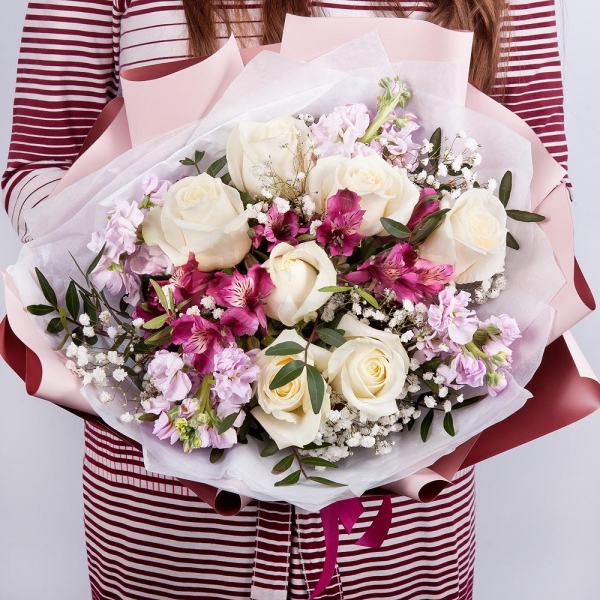 Alstromeria lilac, purple - 6, White rose 50 cm - 9, Gypsophila - 1, Matthiola Lilac - 4, Pistachio, Wrapping Paper, Ribbon