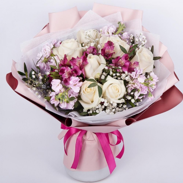 Alstromeria lilac, purple - 6, White rose 50 cm - 9, Gypsophila - 1, Matthiola Lilac - 4, Pistachio, Wrapping Paper, Ribbon
