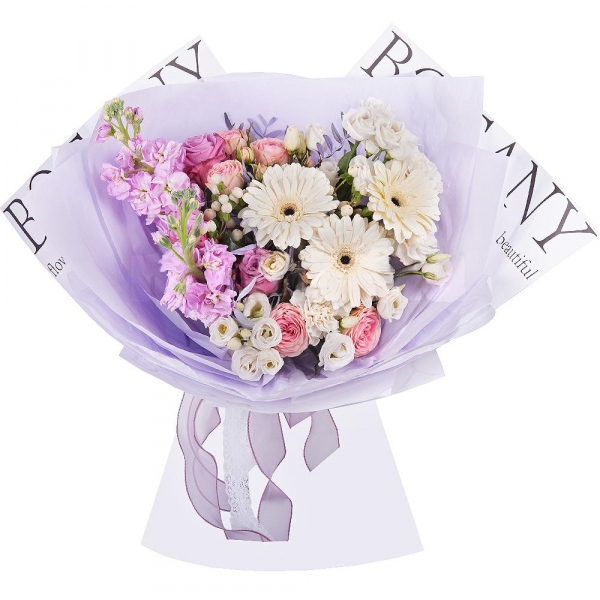 Gerbera white - 3, Pink rose 50 cm - 5, Peony sprayrose - 3, Carnation white, cream - 4, Matthiola Lilac - 2, lisianthus - 3, Hypericum, Pistachio, Wrapping Paper