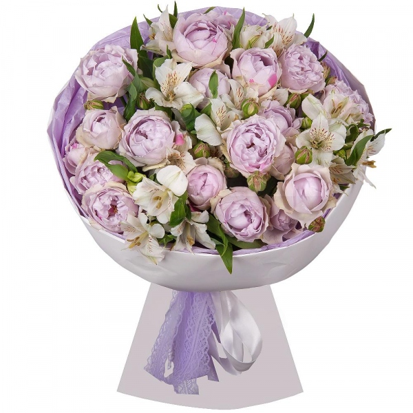 Peony sprayrose - 9, Alstromeria white, soft pink - 10, Wrapping Paper, Ribbon