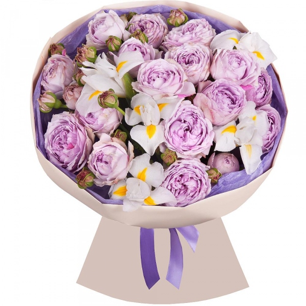 Peony sprayrose - 9, Alstromeria white, soft pink - 10, Wrapping Paper, Ribbon