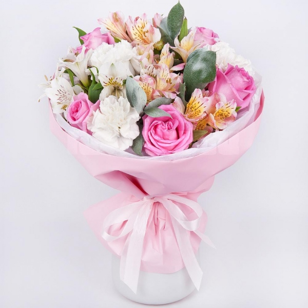 Pink rose 50 cm - 9, Carnation white, cream - 4, Alstromeria white, soft pink - 6, Ruscus, Wrapping Paper, Ribbon