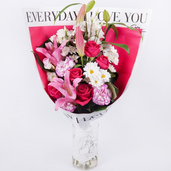 Pink lily - 2, Bacardi White Spray Chrysanthemum - 3, lisianthus - 2, Pink rose 50 cm - 9, Pink carnation - 3, Wrapping Paper