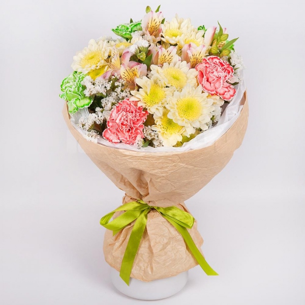 Baltica Yellow Spray Chrysanthemum - 3, Alstromeria white, soft pink - 3, Green carnation - 4, Orange carnation - 3, White statice, Wrapping Paper, Ribbon
