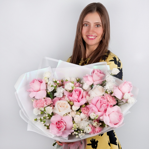 Bright pink spray rose mix, 50 cm - 5, Peony sprayrose - 4, Peony style roses - 3, Rose Pink 50 cm Ecuador (Chelo, Hermosa, Novia, Titanik, Engagement, Pink Mondiale) - 9, Pink carnation - 7, lisianthus - 4, Carnation white, cream - 8, Hypericum, Wrapping Paper