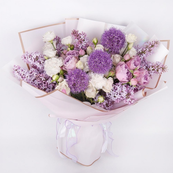 Spray peony rose Lavander, 50 cm - 3, Spray rose: white, cream, light pink 50 cm - 5, Carnation white, cream - 6, lisianthus - 2, Lilac Bush - 3, Wrapping Paper, Allium
