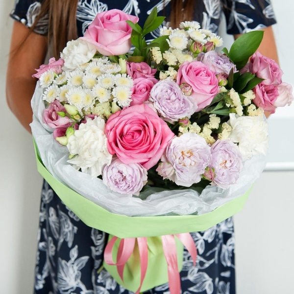 Pink rose 50 cm - 5, Spray peony rose Lavander, 50 cm - 2, Carnation white, cream - 4, Athos poms Stallion - 3, Pink Lisianthus (Eustoma) - 1, Ruscus, Yellow Statice, Wrapping Paper