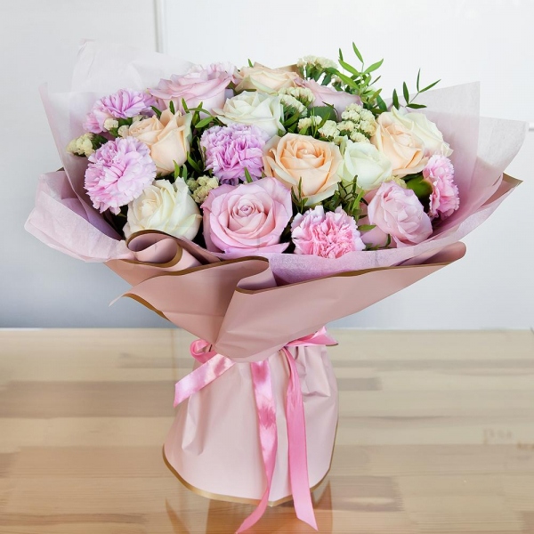 Rose Cream 50 cm - 5, White rose 50 cm - 5, Pink rose 50 cm - 5, Pink carnation - 8, Yellow Statice, Pistachio, Wrapping Paper
