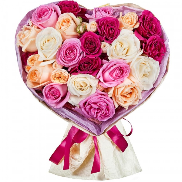 Bright pink spray rose mix, 50 cm - 3, Pink rose 50 cm - 9, White rose 50 cm - 8, Rose Cream 50 cm - 8, Spray rose: white, cream, light pink 50 cm - 2, Wrapping Paper, Bouquet frame structure