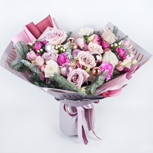 Pink rose 50 cm - 4, Rose Cream 50 cm - 4, White rose 50 cm - 3, Bright pink spray rose mix, 50 cm - 2, Carnation white, cream - 2, Pink Lisianthus (Eustoma) - 4, Pink carnation - 3, Hypericum, Spruce branches (1pc.), Christmas decor (set), Wrapping Paper